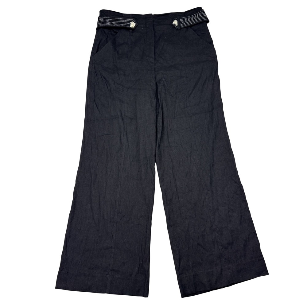 Veronica Beard Wide Leg Pants Womens Size 12 Black Linen Blend Belted Career